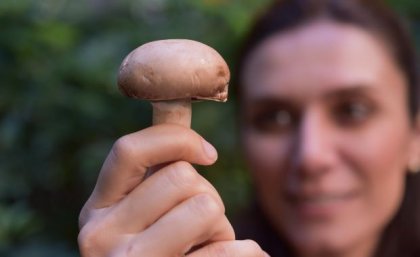 A woman, who's face is out of focus, holds a mushroom head towards the camera